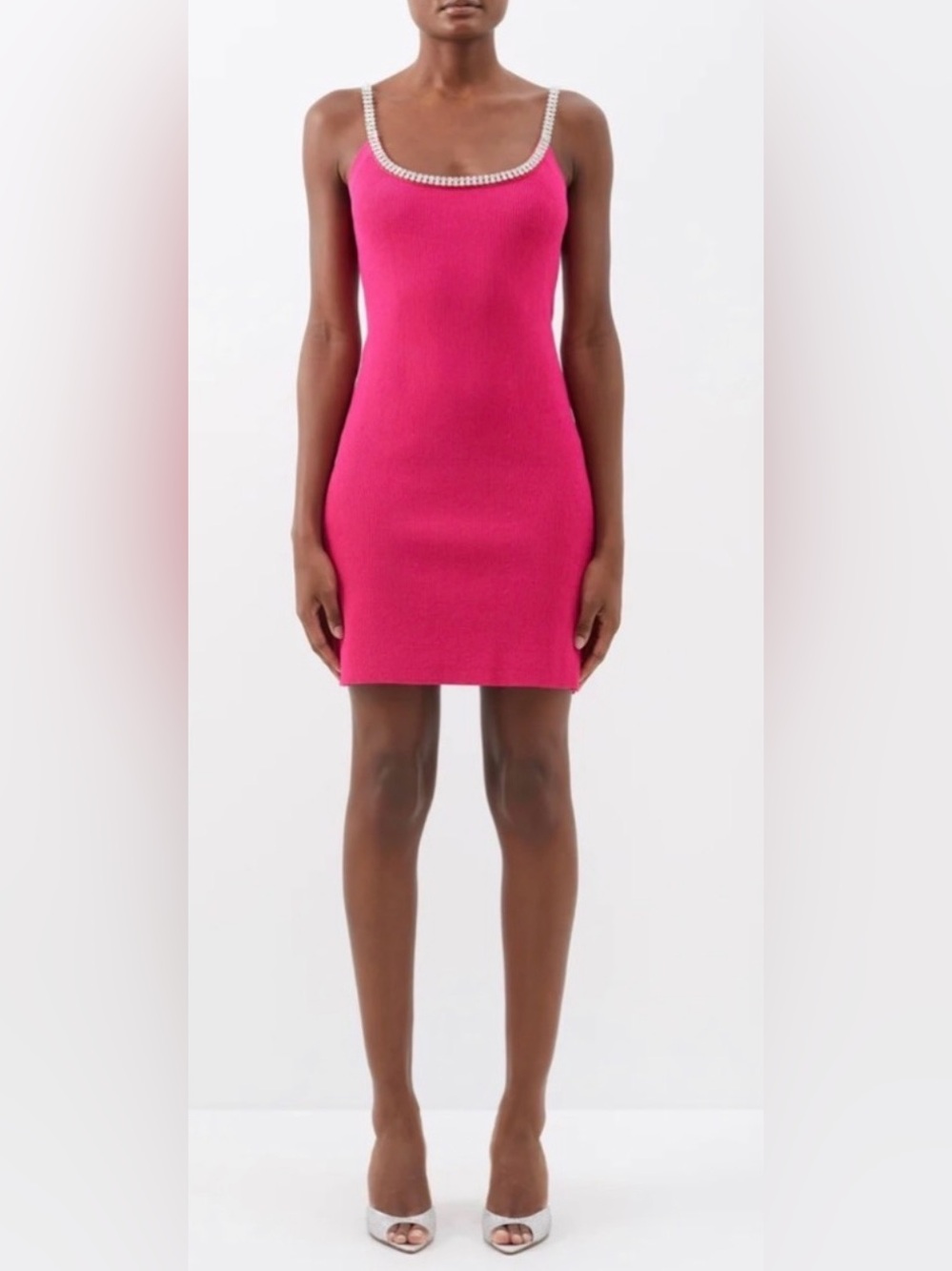 Paco Rabanne Crystal Embellished Ribbed Knit Mini Dress in Pink Raspberry - Picture 2 of 13
